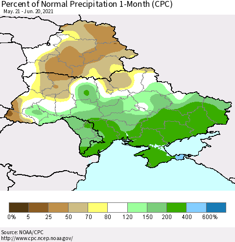 Ukraine, Moldova and Belarus Percent of Normal Precipitation 1-Month (CPC) Thematic Map For 5/21/2021 - 6/20/2021