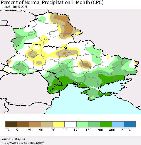 Ukraine, Moldova and Belarus Percent of Normal Precipitation 1-Month (CPC) Thematic Map For 6/6/2021 - 7/5/2021