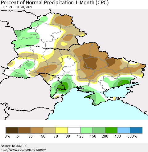 Ukraine, Moldova and Belarus Percent of Normal Precipitation 1-Month (CPC) Thematic Map For 6/21/2021 - 7/20/2021