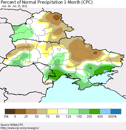 Ukraine, Moldova and Belarus Percent of Normal Precipitation 1-Month (CPC) Thematic Map For 6/26/2021 - 7/25/2021