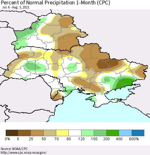 Ukraine, Moldova and Belarus Percent of Normal Precipitation 1-Month (CPC) Thematic Map For 7/6/2021 - 8/5/2021