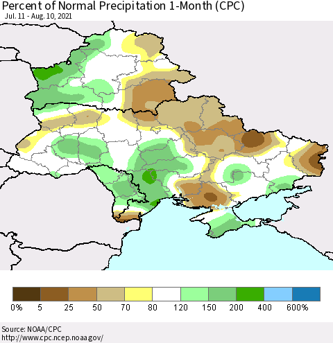 Ukraine, Moldova and Belarus Percent of Normal Precipitation 1-Month (CPC) Thematic Map For 7/11/2021 - 8/10/2021