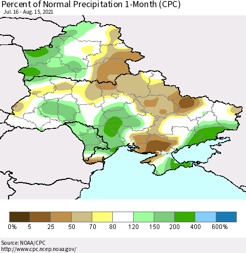 Ukraine, Moldova and Belarus Percent of Normal Precipitation 1-Month (CPC) Thematic Map For 7/16/2021 - 8/15/2021