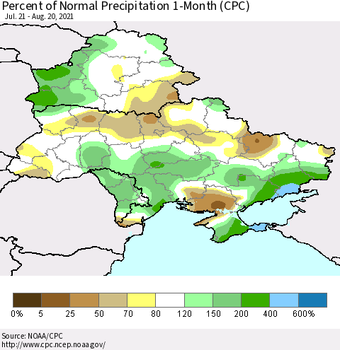 Ukraine, Moldova and Belarus Percent of Normal Precipitation 1-Month (CPC) Thematic Map For 7/21/2021 - 8/20/2021