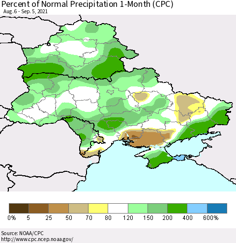 Ukraine, Moldova and Belarus Percent of Normal Precipitation 1-Month (CPC) Thematic Map For 8/6/2021 - 9/5/2021