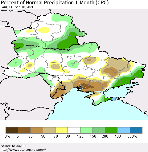 Ukraine, Moldova and Belarus Percent of Normal Precipitation 1-Month (CPC) Thematic Map For 8/11/2021 - 9/10/2021