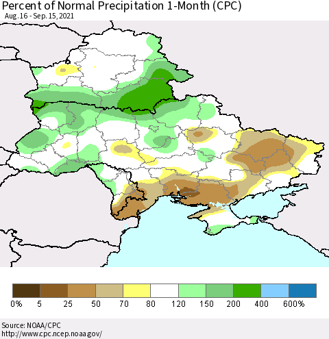 Ukraine, Moldova and Belarus Percent of Normal Precipitation 1-Month (CPC) Thematic Map For 8/16/2021 - 9/15/2021