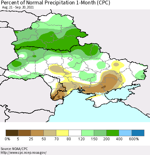 Ukraine, Moldova and Belarus Percent of Normal Precipitation 1-Month (CPC) Thematic Map For 8/21/2021 - 9/20/2021