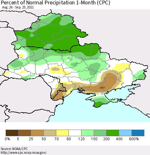 Ukraine, Moldova and Belarus Percent of Normal Precipitation 1-Month (CPC) Thematic Map For 8/26/2021 - 9/25/2021