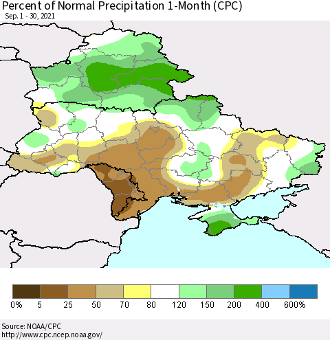 Ukraine, Moldova and Belarus Percent of Normal Precipitation 1-Month (CPC) Thematic Map For 9/1/2021 - 9/30/2021