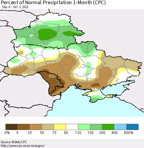 Ukraine, Moldova and Belarus Percent of Normal Precipitation 1-Month (CPC) Thematic Map For 9/6/2021 - 10/5/2021