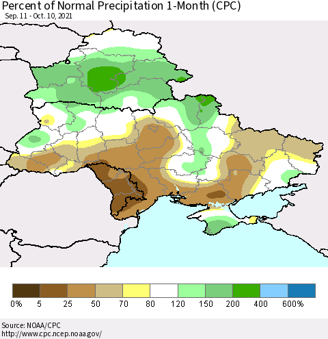 Ukraine, Moldova and Belarus Percent of Normal Precipitation 1-Month (CPC) Thematic Map For 9/11/2021 - 10/10/2021