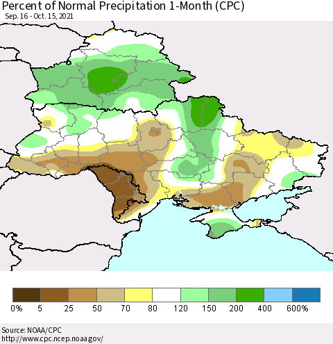 Ukraine, Moldova and Belarus Percent of Normal Precipitation 1-Month (CPC) Thematic Map For 9/16/2021 - 10/15/2021