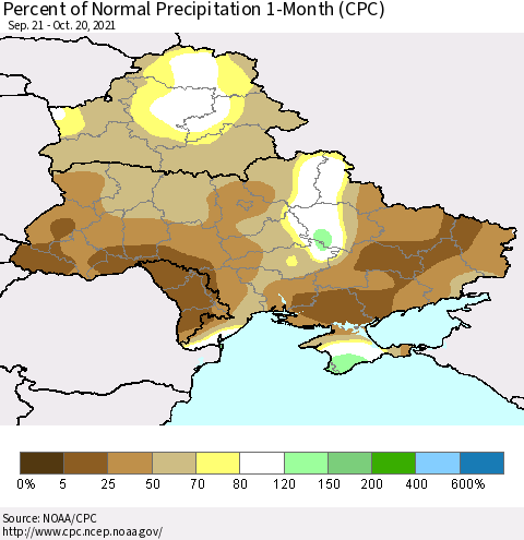Ukraine, Moldova and Belarus Percent of Normal Precipitation 1-Month (CPC) Thematic Map For 9/21/2021 - 10/20/2021