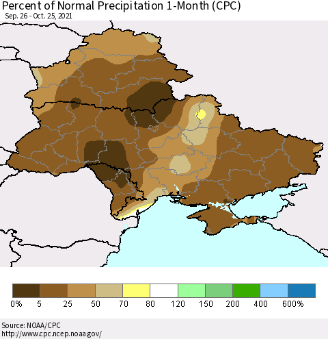 Ukraine, Moldova and Belarus Percent of Normal Precipitation 1-Month (CPC) Thematic Map For 9/26/2021 - 10/25/2021