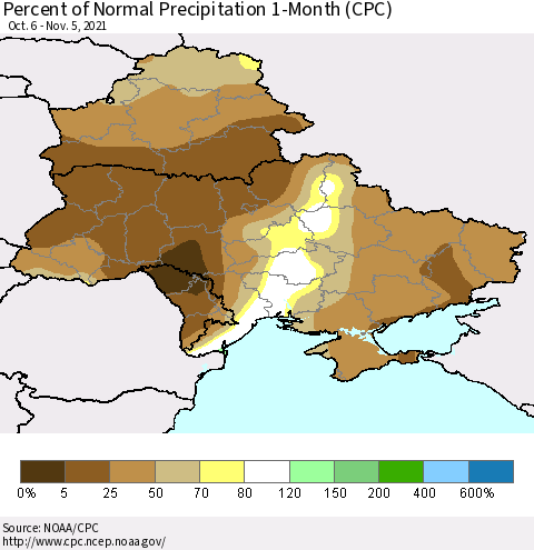 Ukraine, Moldova and Belarus Percent of Normal Precipitation 1-Month (CPC) Thematic Map For 10/6/2021 - 11/5/2021