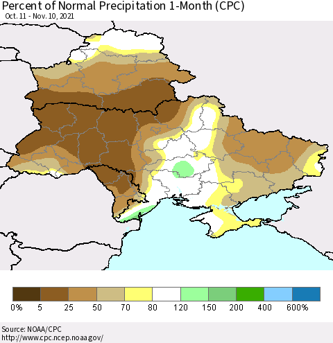 Ukraine, Moldova and Belarus Percent of Normal Precipitation 1-Month (CPC) Thematic Map For 10/11/2021 - 11/10/2021