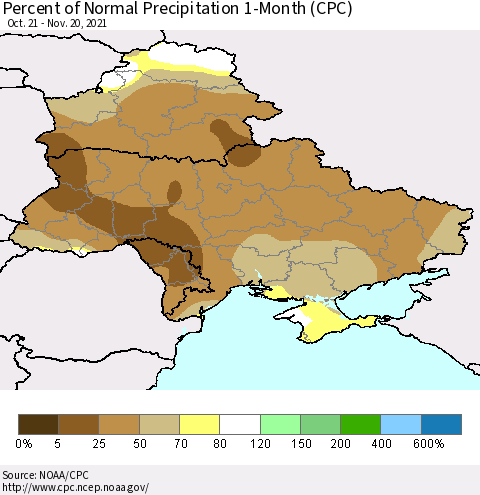 Ukraine, Moldova and Belarus Percent of Normal Precipitation 1-Month (CPC) Thematic Map For 10/21/2021 - 11/20/2021