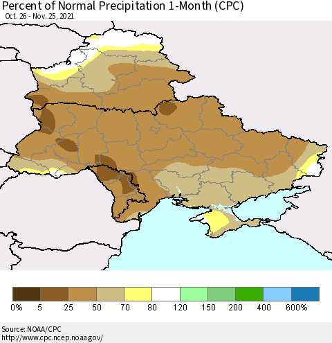 Ukraine, Moldova and Belarus Percent of Normal Precipitation 1-Month (CPC) Thematic Map For 10/26/2021 - 11/25/2021
