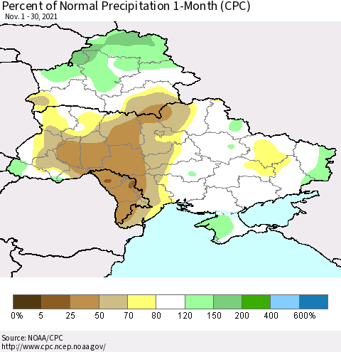 Ukraine, Moldova and Belarus Percent of Normal Precipitation 1-Month (CPC) Thematic Map For 11/1/2021 - 11/30/2021