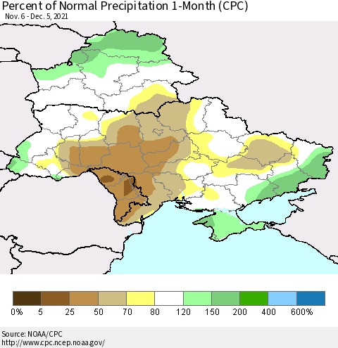 Ukraine, Moldova and Belarus Percent of Normal Precipitation 1-Month (CPC) Thematic Map For 11/6/2021 - 12/5/2021