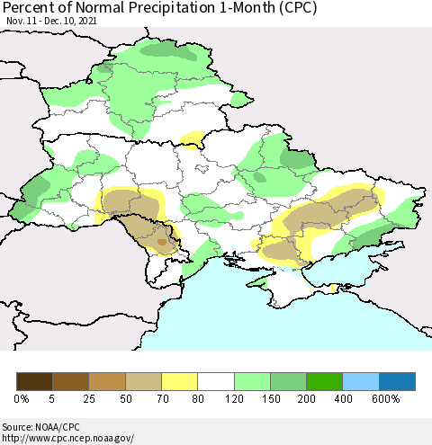 Ukraine, Moldova and Belarus Percent of Normal Precipitation 1-Month (CPC) Thematic Map For 11/11/2021 - 12/10/2021