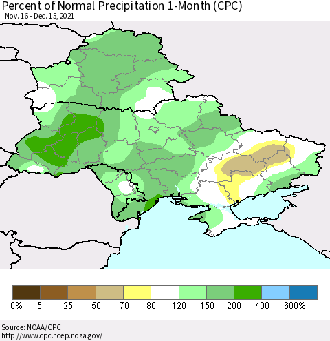 Ukraine, Moldova and Belarus Percent of Normal Precipitation 1-Month (CPC) Thematic Map For 11/16/2021 - 12/15/2021