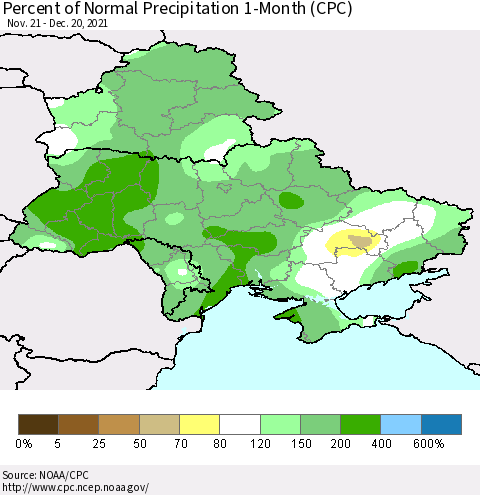 Ukraine, Moldova and Belarus Percent of Normal Precipitation 1-Month (CPC) Thematic Map For 11/21/2021 - 12/20/2021