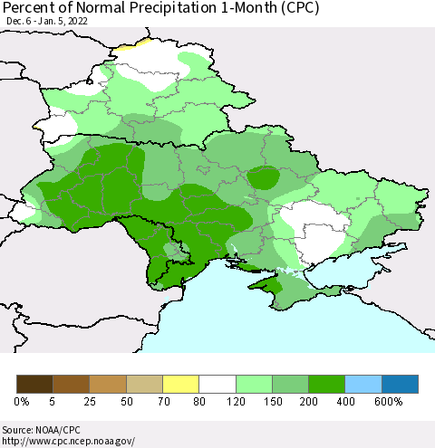 Ukraine, Moldova and Belarus Percent of Normal Precipitation 1-Month (CPC) Thematic Map For 12/6/2021 - 1/5/2022