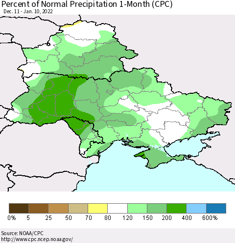 Ukraine, Moldova and Belarus Percent of Normal Precipitation 1-Month (CPC) Thematic Map For 12/11/2021 - 1/10/2022