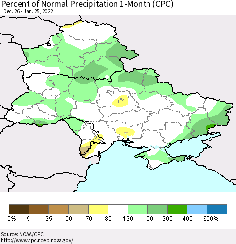 Ukraine, Moldova and Belarus Percent of Normal Precipitation 1-Month (CPC) Thematic Map For 12/26/2021 - 1/25/2022