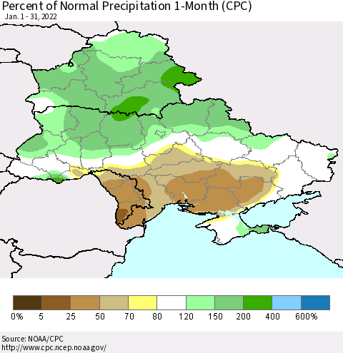 Ukraine, Moldova and Belarus Percent of Normal Precipitation 1-Month (CPC) Thematic Map For 1/1/2022 - 1/31/2022