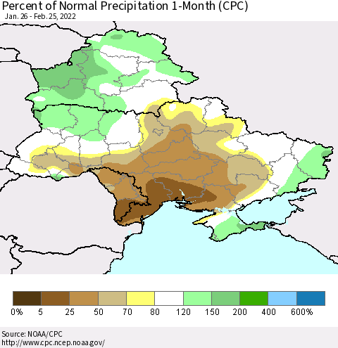 Ukraine, Moldova and Belarus Percent of Normal Precipitation 1-Month (CPC) Thematic Map For 1/26/2022 - 2/25/2022