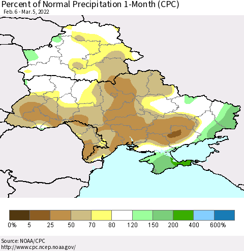 Ukraine, Moldova and Belarus Percent of Normal Precipitation 1-Month (CPC) Thematic Map For 2/6/2022 - 3/5/2022