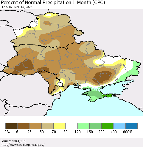 Ukraine, Moldova and Belarus Percent of Normal Precipitation 1-Month (CPC) Thematic Map For 2/16/2022 - 3/15/2022