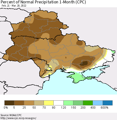 Ukraine, Moldova and Belarus Percent of Normal Precipitation 1-Month (CPC) Thematic Map For 2/21/2022 - 3/20/2022