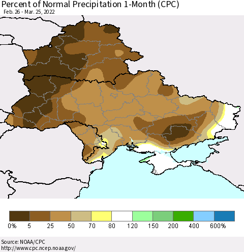 Ukraine, Moldova and Belarus Percent of Normal Precipitation 1-Month (CPC) Thematic Map For 2/26/2022 - 3/25/2022