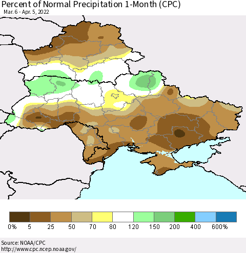 Ukraine, Moldova and Belarus Percent of Normal Precipitation 1-Month (CPC) Thematic Map For 3/6/2022 - 4/5/2022