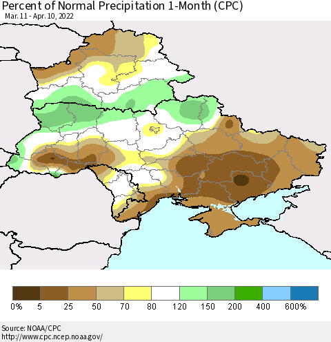 Ukraine, Moldova and Belarus Percent of Normal Precipitation 1-Month (CPC) Thematic Map For 3/11/2022 - 4/10/2022