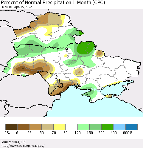 Ukraine, Moldova and Belarus Percent of Normal Precipitation 1-Month (CPC) Thematic Map For 3/16/2022 - 4/15/2022