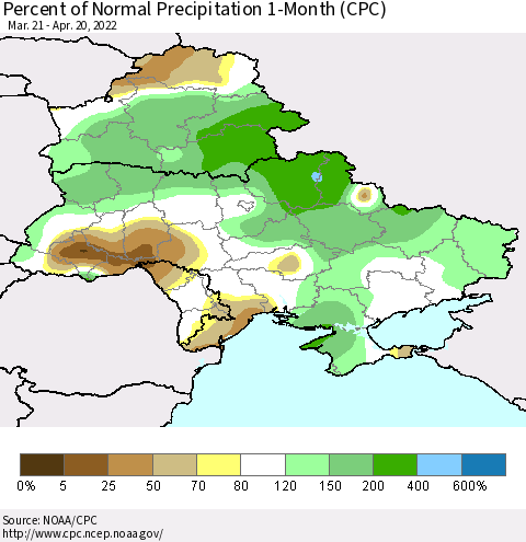Ukraine, Moldova and Belarus Percent of Normal Precipitation 1-Month (CPC) Thematic Map For 3/21/2022 - 4/20/2022