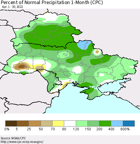 Ukraine, Moldova and Belarus Percent of Normal Precipitation 1-Month (CPC) Thematic Map For 4/1/2022 - 4/30/2022