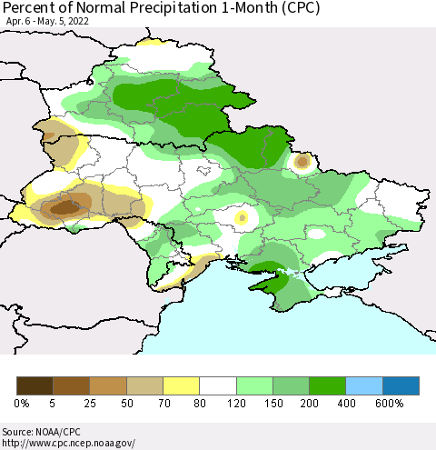 Ukraine, Moldova and Belarus Percent of Normal Precipitation 1-Month (CPC) Thematic Map For 4/6/2022 - 5/5/2022