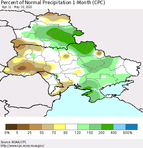 Ukraine, Moldova and Belarus Percent of Normal Precipitation 1-Month (CPC) Thematic Map For 4/11/2022 - 5/10/2022