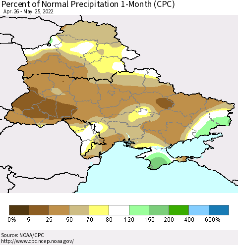 Ukraine, Moldova and Belarus Percent of Normal Precipitation 1-Month (CPC) Thematic Map For 4/26/2022 - 5/25/2022