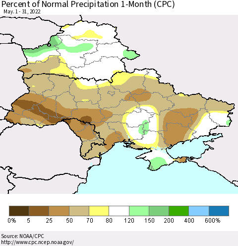 Ukraine, Moldova and Belarus Percent of Normal Precipitation 1-Month (CPC) Thematic Map For 5/1/2022 - 5/31/2022