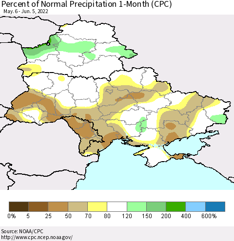 Ukraine, Moldova and Belarus Percent of Normal Precipitation 1-Month (CPC) Thematic Map For 5/6/2022 - 6/5/2022
