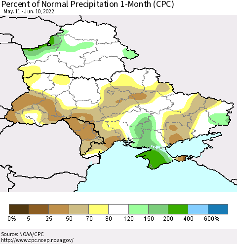 Ukraine, Moldova and Belarus Percent of Normal Precipitation 1-Month (CPC) Thematic Map For 5/11/2022 - 6/10/2022