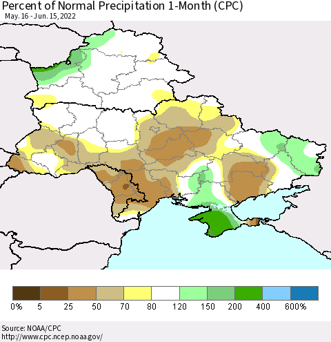 Ukraine, Moldova and Belarus Percent of Normal Precipitation 1-Month (CPC) Thematic Map For 5/16/2022 - 6/15/2022