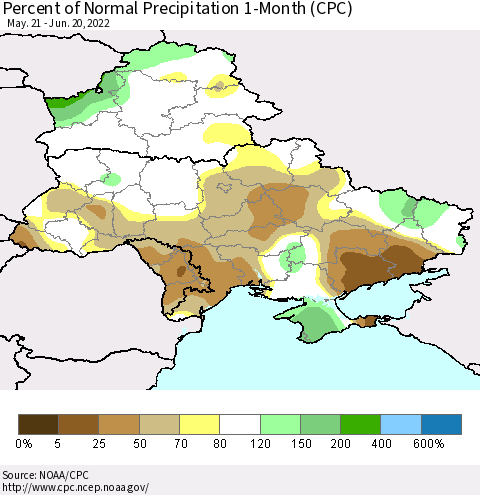 Ukraine, Moldova and Belarus Percent of Normal Precipitation 1-Month (CPC) Thematic Map For 5/21/2022 - 6/20/2022